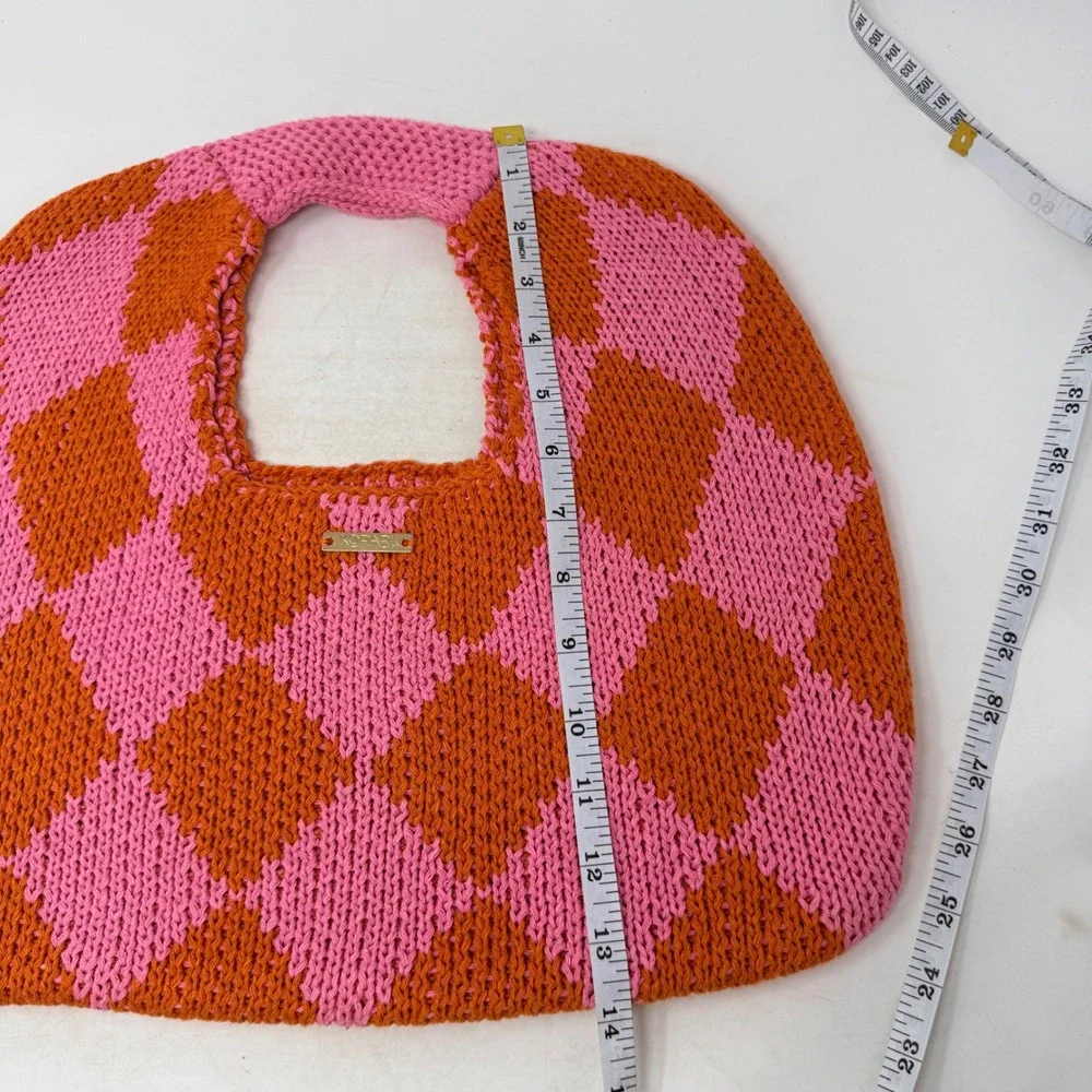 Kopari Pink Orange Checkered Knit Tote Bag Harlequin Pattern Top Handle Bag
